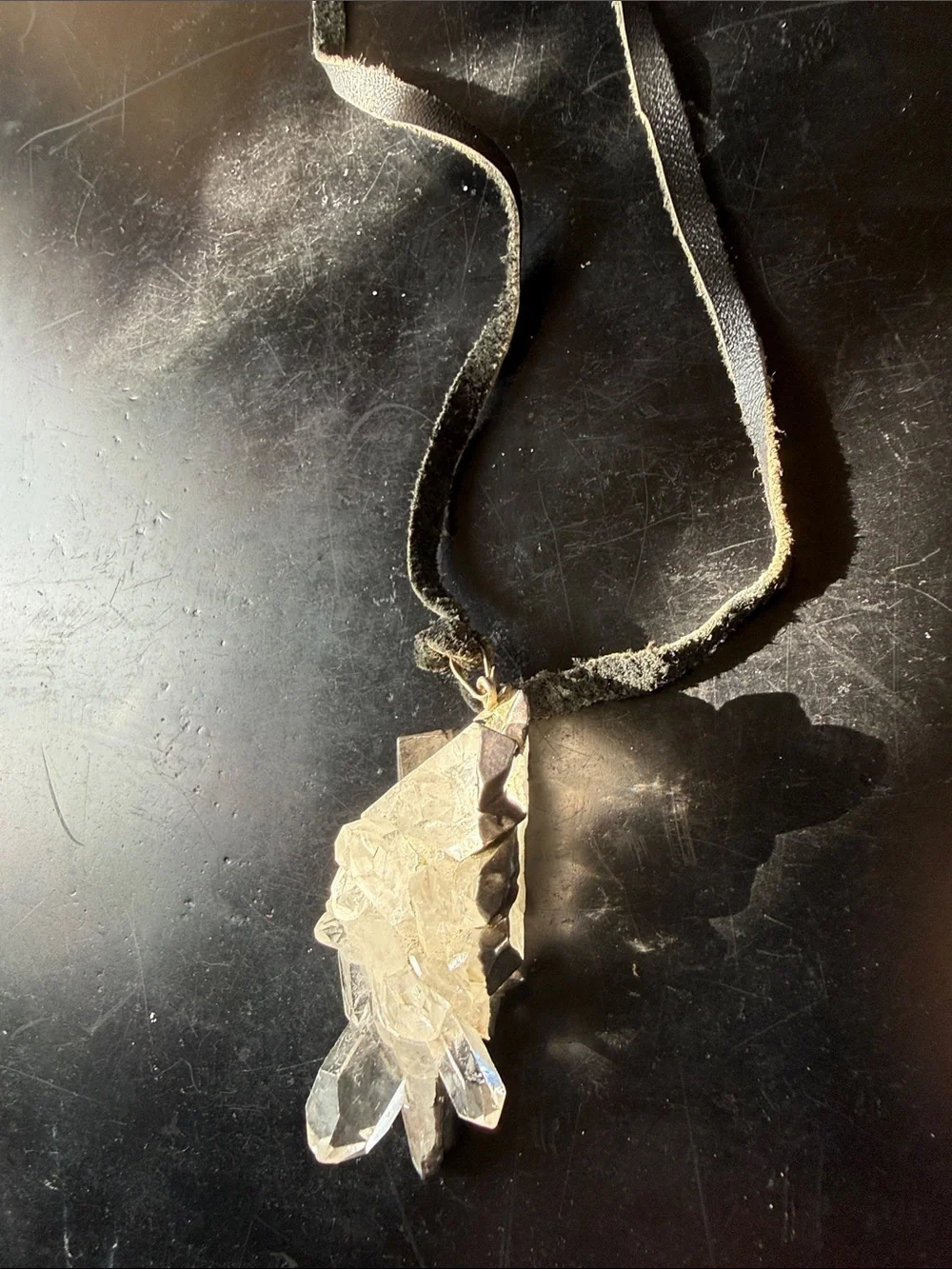 Raw Crystal Pendant Suede Cord Necklace - Black